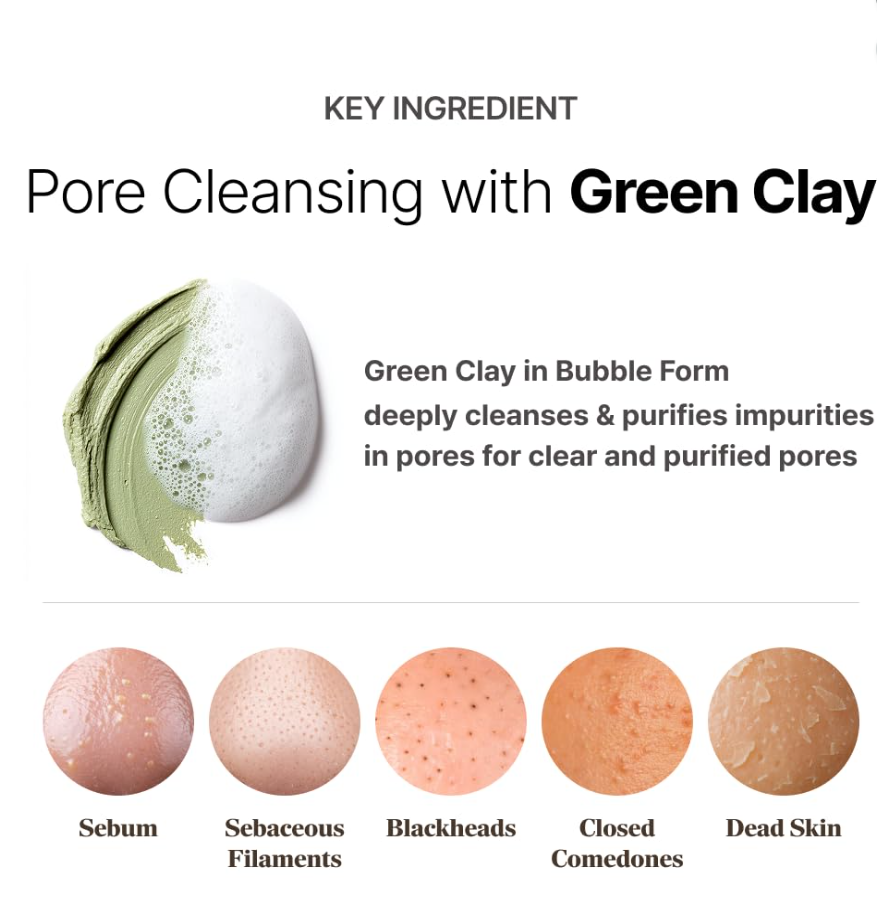 Advertisement for green clay in bubble form with text and color swatches on a white background, MENOKIN Cotton Cloud Bubble Cleanser [Pore Clear] 150ml
