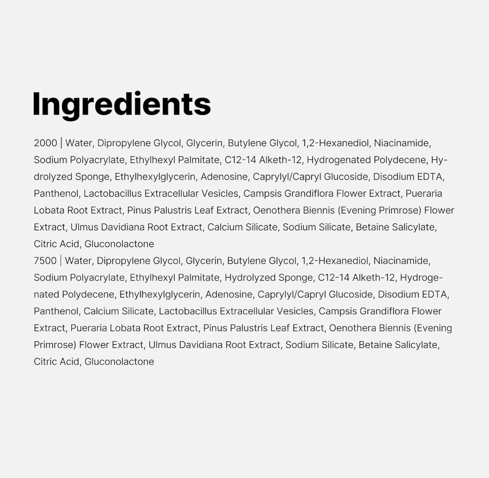 List of ingredients on a white background, Medicube One Day Exosome Shot Pore Ampoule 2000 30ml
