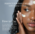 Woman applying sunscreen to her face with text about its use and benefits, D'Alba UV ESSENCE Waterfull+ Broad Spectrum SPF 50+ 50ml