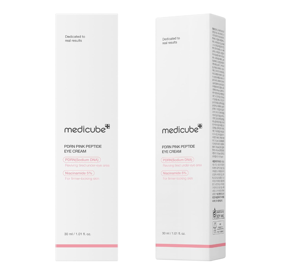 Medicube Pink Peptide Eye Cream packaging on a white background, Medicube PDRN Pink Peptide Eye Cream 30ml, Medicube PDRN Pink Peptide Eye Cream 30ml