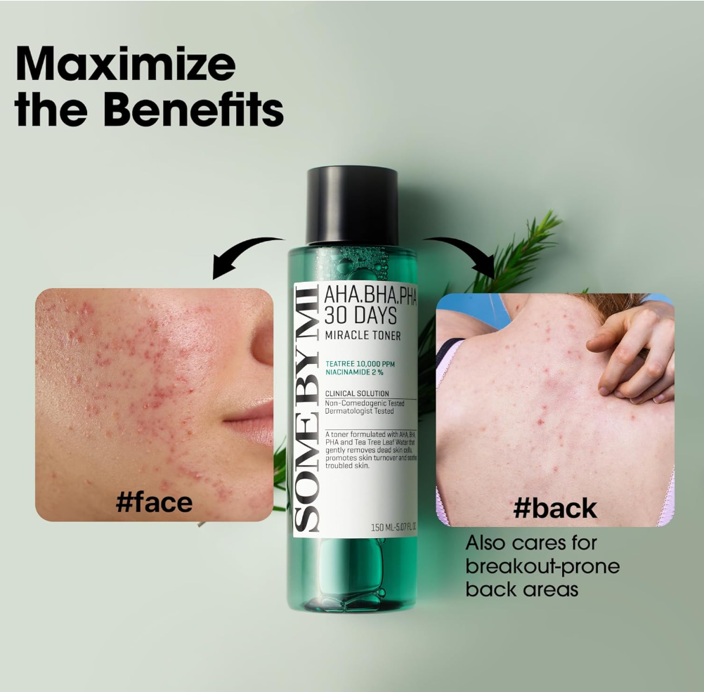 Sovely AHA.BHAPPA 30 Days Miracle Toner bottle with before and after images of skin on face and back, Somebymi AHA.BHA.PHA 30 Days Miracle Toner 150ml