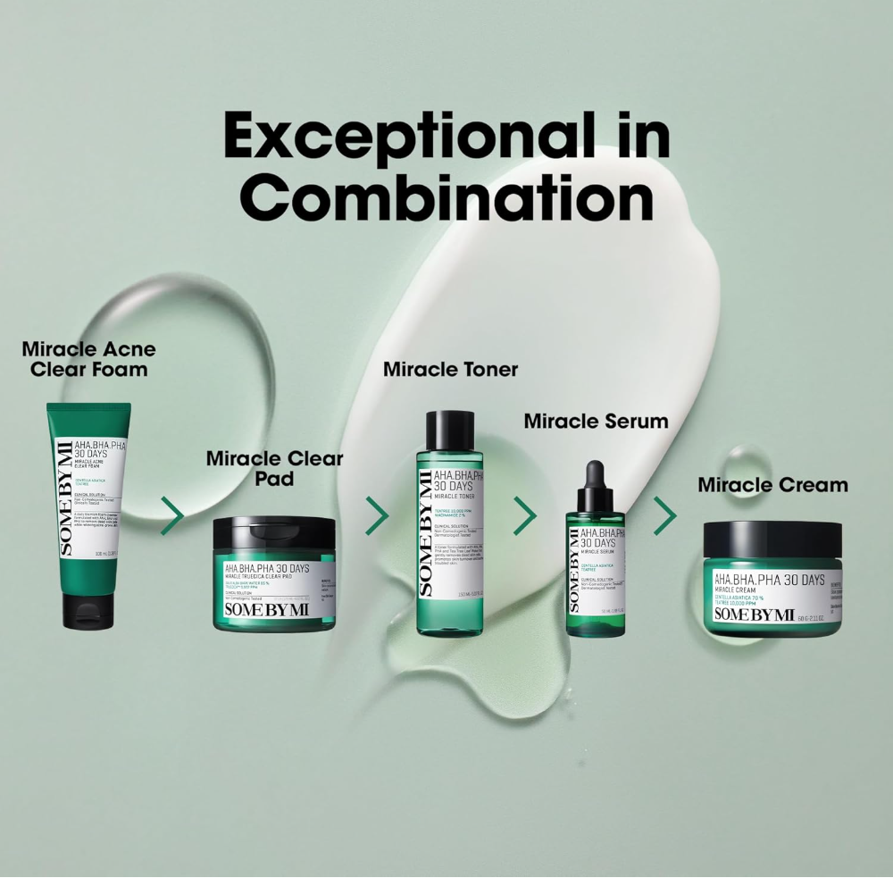 Collection of SOMEBYMI skincare products with text 'Exceptional in Combination' on a light green background, Somebymi AHA.BHA.PHA 30 Days Miracle Serum 50ml