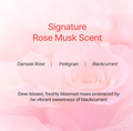 Advertisement for 'Signature Rose Musk Scent' with a pink rose and descriptive text on a light pink background, Growus Damage Therapy No-Wash Treatment EX 250ml
