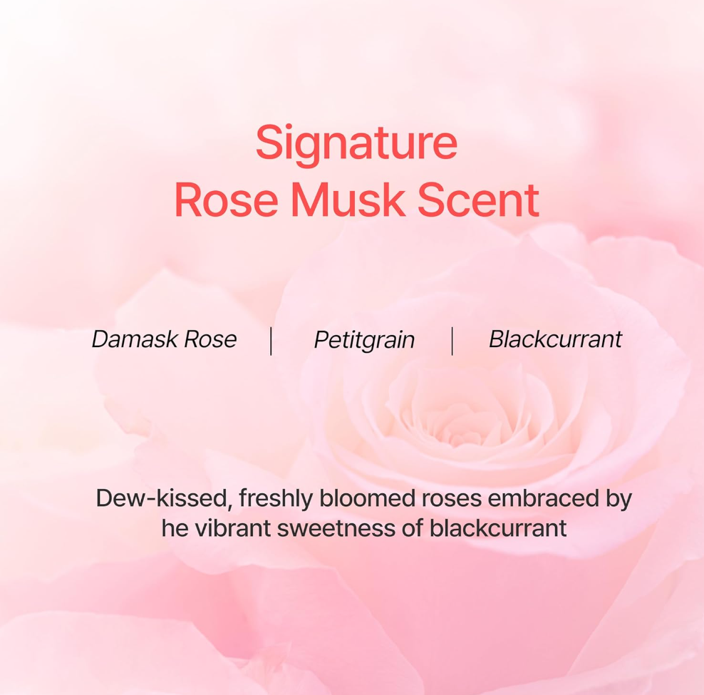 Advertisement for 'Signature Rose Musk Scent' with a pink rose and descriptive text on a light pink background, Growus Damage Therapy No-Wash Treatment EX 250ml