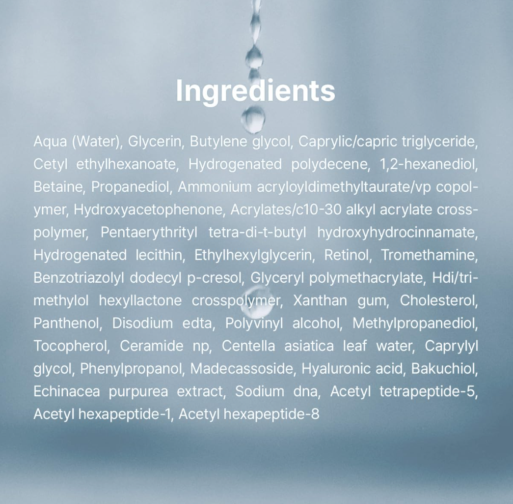 List of ingredients on a blue background with a droplet graphic, Dr.althea Retinol Flat Iron Eye Roller 25ml