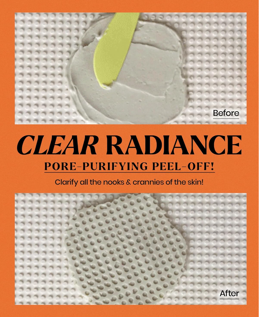 Clear Radiance pore-purifying peel-off mask packaging with 'Before' and 'After' images on an orange background, Lindsay Vitamin Modeling Mask Cup Pack 28g