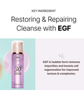 Menokin cleanser bottle with text about EGF and skin benefits on a light blue and white background, MENOKIN Cotton Cloud Bubble Cleanser [Perfect] 150ml