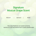 Text describing a signature muscat grape scent with green and white color scheme, Growus Algae Therapy Mineral Shampoo 500g