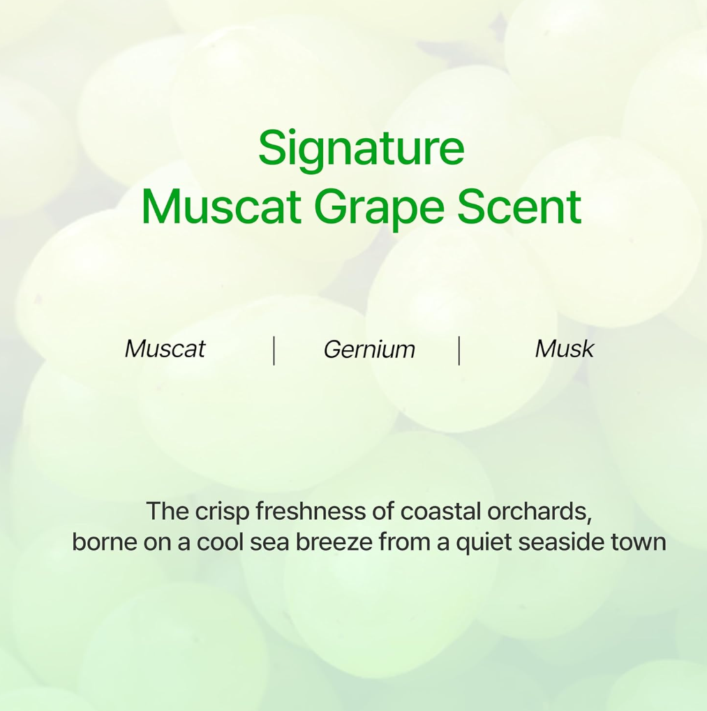 Text describing a signature muscat grape scent with green and white color scheme, Growus Algae Therapy Mineral Shampoo 500g