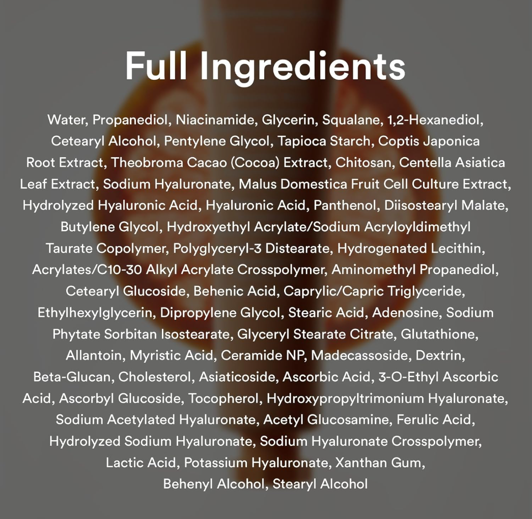 List of full ingredients on a product with a blurred background, Abib Glutathione Creme Vita Tube 75ml