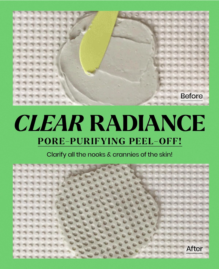 Pore-purifying peel-off mask packaging with 'Clear Radiance' text on a green background, Lindsay Collagen Modeling Mask Cup Pack 28g