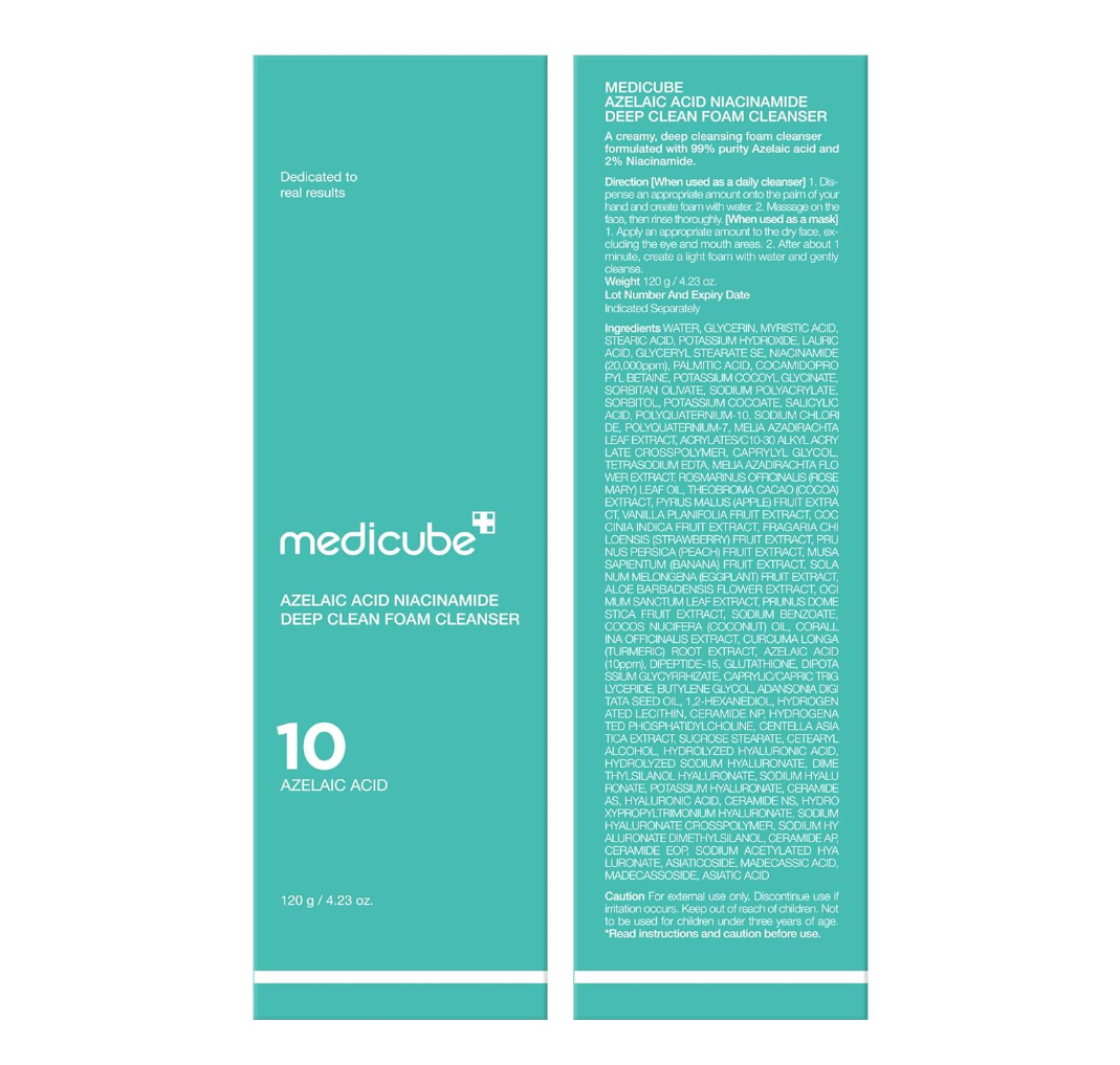 Teal packaging of Medicube Azelaic Acid Deep Clean Foam Cleanser with text on a white background, Medicube Azelacia Acid Niacinamide Deep Clean Foam Cleanser 120g