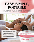 Advertisement for a facial care product with a woman receiving a facial and text about easy, simple, portable spa-level care, Lindsay Pearl Modeling Mask Cup Pack 28g