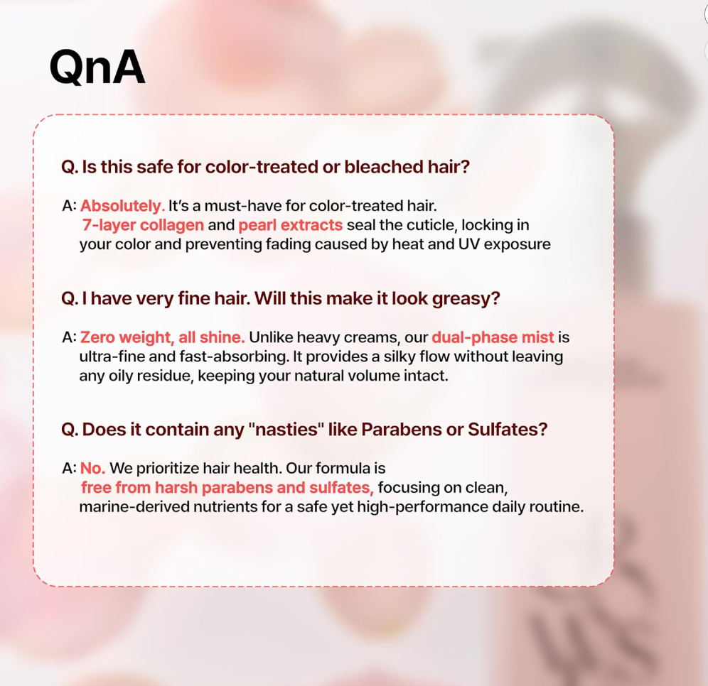 Product information card with Q&A about hair care product safety and properties on a blurred background, Growus Damage Therapy No-Wash Treatment EX 250ml