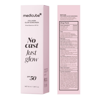 Medicube Collagen Glow Sunscreen packaging with front and back views on a white background, Medicube Collagen No Cast Just Glow Sunscreen spf50 50ml