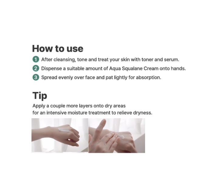 Instructions on how to use a skincare product with text and hands applying cream, S.nature Aqua Squalane Moisturizing Cream 60ml