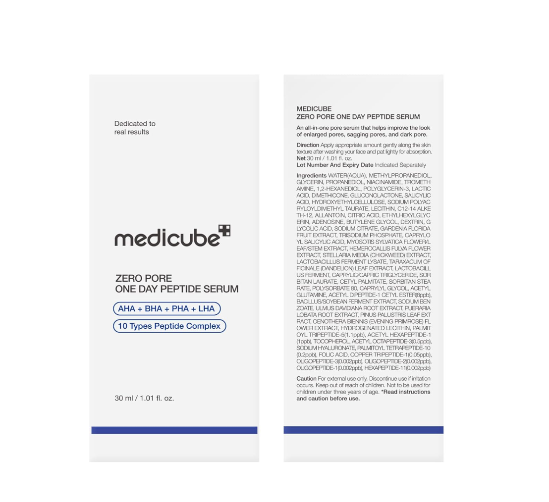Medicube Zero Pore One Day Peptide Serum packaging on a white background, Medicube Zero Pore One Day Peptide Serum 30ml
