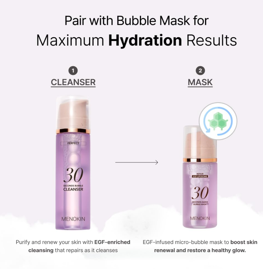 Menokin skincare product set with cleanser and mask for maximum hydration results on a white background, MENOKIN Cotton Cloud Bubble Cleanser [Perfect] 150ml