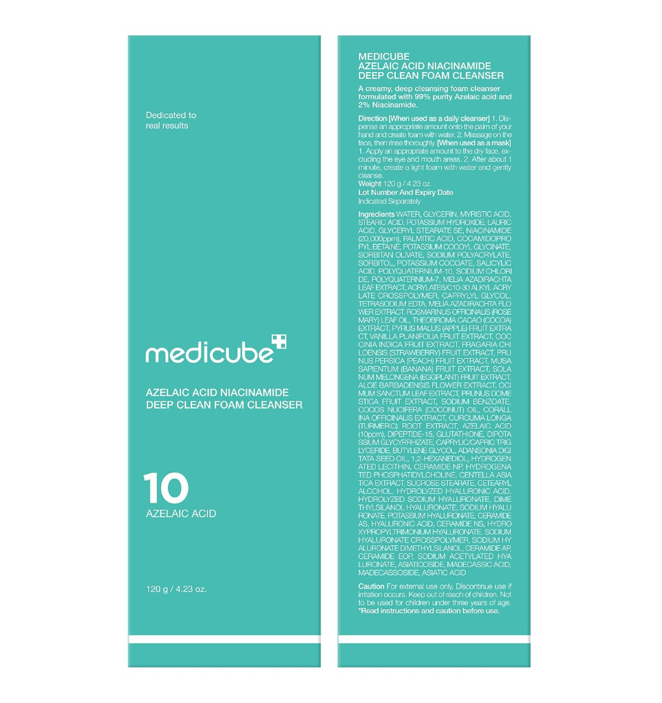 Medicube Azelaic Acid Niacinamide Deep Clean Foam Cleanser packaging, showing the front and back of the teal and white box on a plain white background, Medicube Azelaic Acid Niacinamide Deep Clean Foam Cleanser 120g