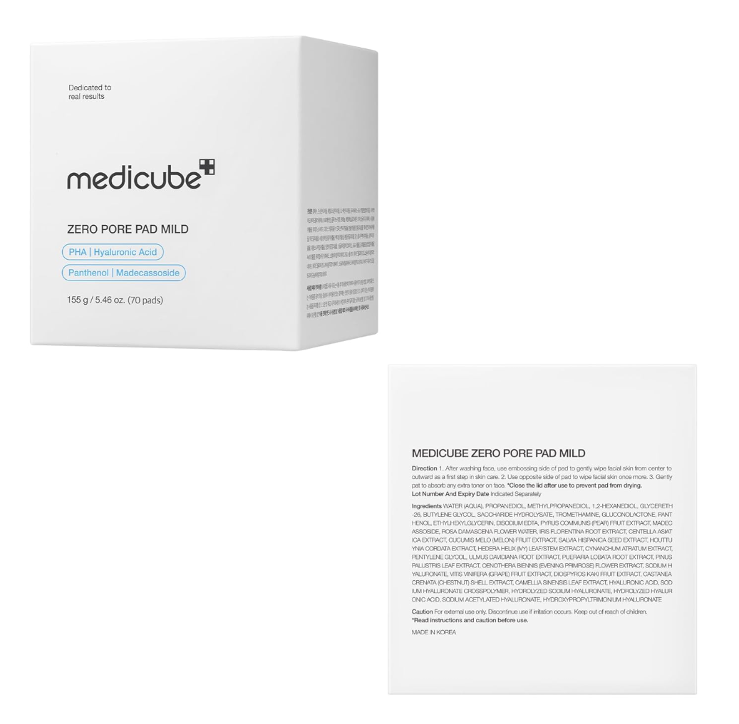 Box of Medicube Zero Pore Pad Mild on a white background, Medicube Zero Pore Pad Mild 155g 70 pads