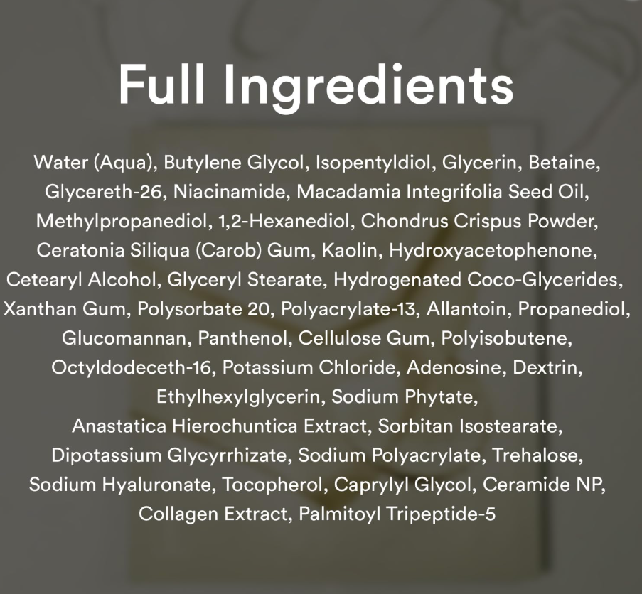 List of full ingredients on a dark background, Abib Collagen Gel Mask Jericho Rose Jelly 4ea