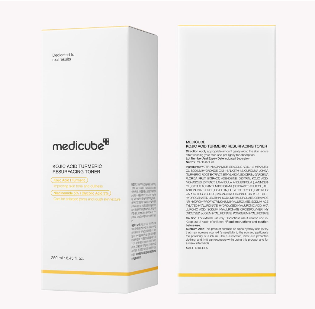 Orange-toned toner bottle with yellow cap on a white background, featuring Medicube branding, Medicube Kojic Acid Turmeric Resurfacing Toner 250ml