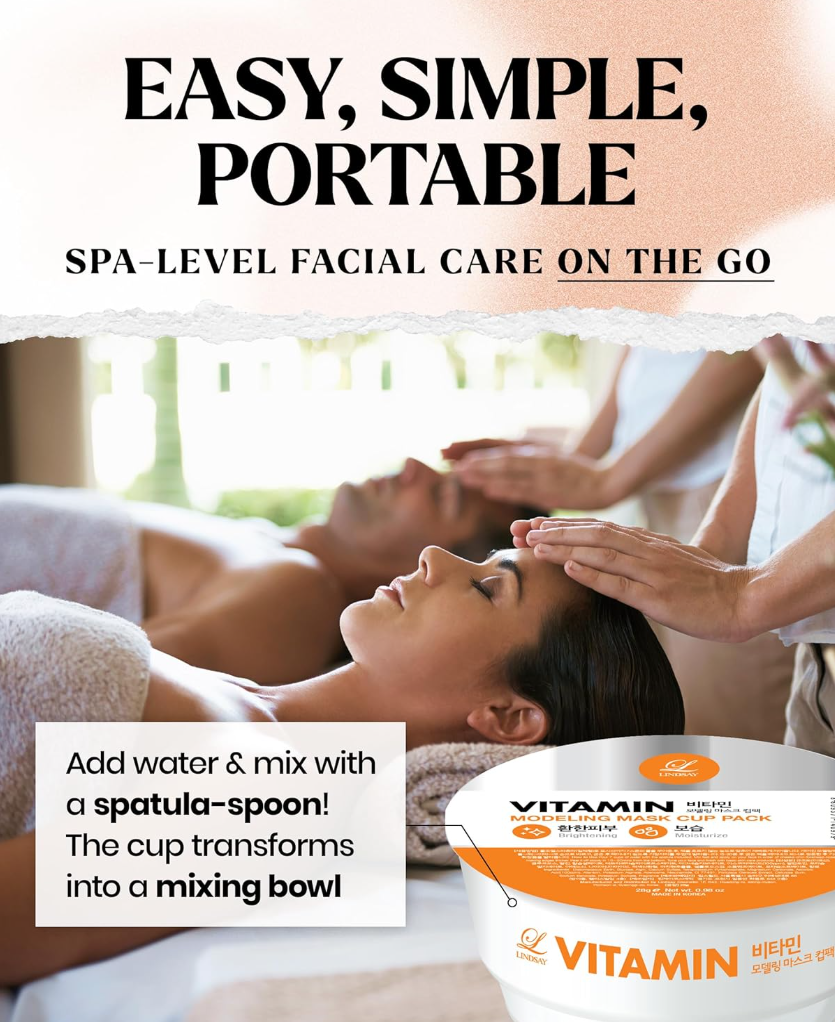 Facial care product with text on spa-level facial care on the go, Lindsay Vitamin Modeling Mask Cup Pack 28g