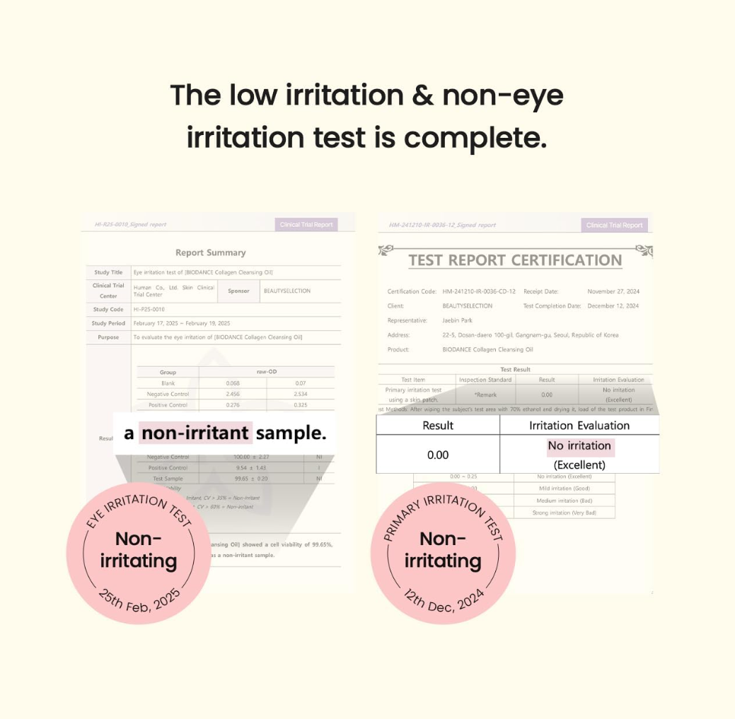 Test report indicating low irritation and non-eye irritation test is complete with certification, Biodance Collagen Cleansing Oil 200ml