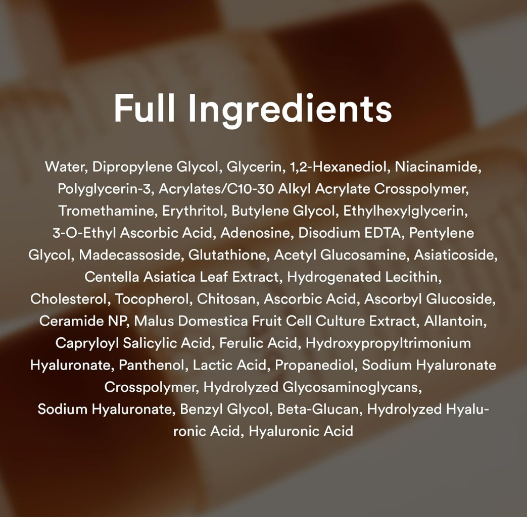 List of full ingredients on a product with a blurred background, Abib Glutathiosome Dark Spot Toner 200ml