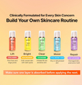 Five skincare serum bottles with different colored labels on a gradient background, promoting customizable skincare routines, MENOKIN 30 Seconds Quick Bubble Mask LIFT Collagen 95ml