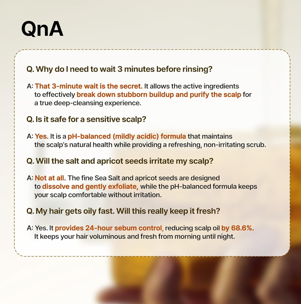 FAQ text overlay on a blurred background of a person using a hair care product, Growus Sea Salt Therapy Shampoo 500g