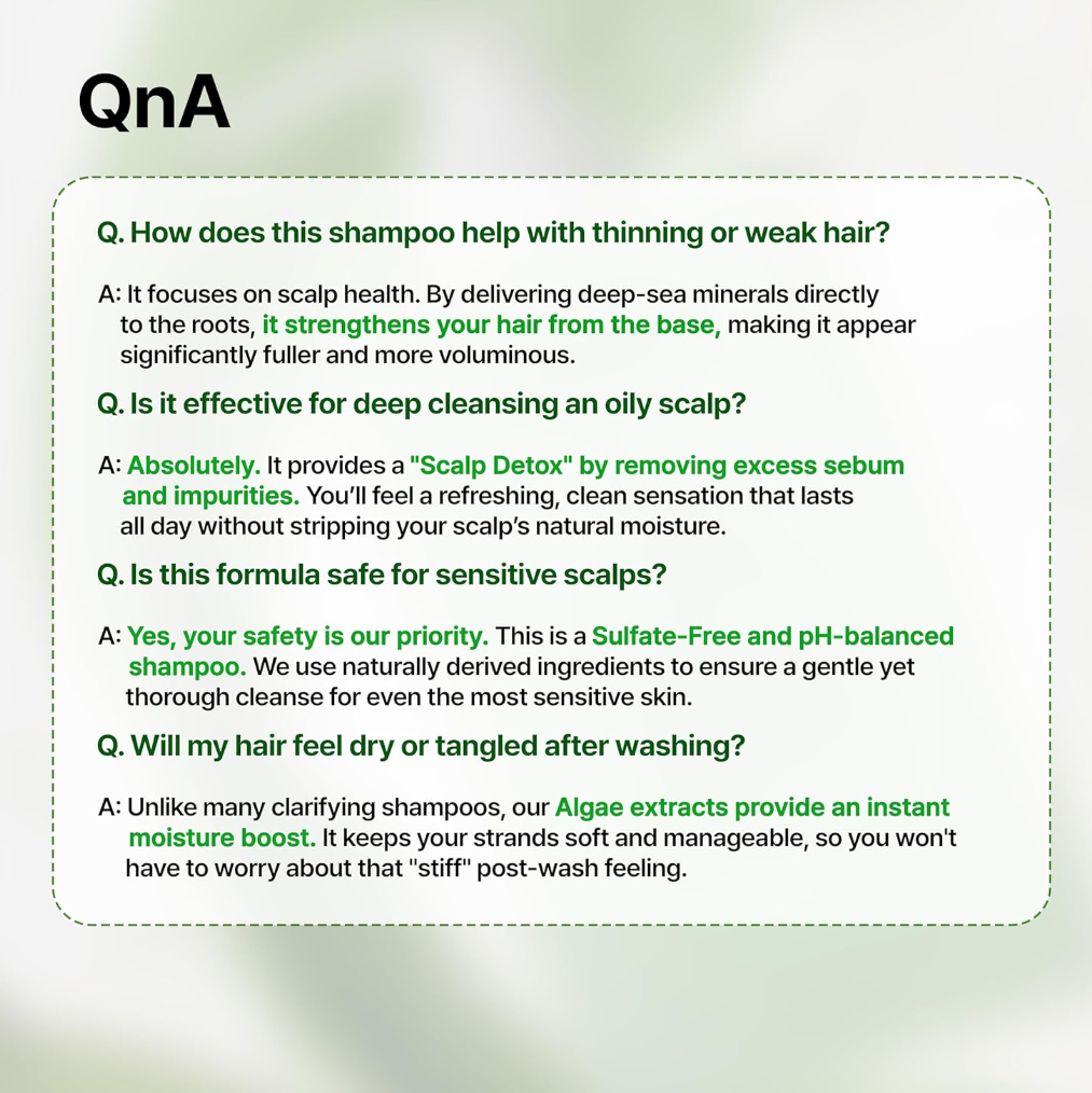 FAQ section about a shampoo product on a light green background, Growus Algae Therapy Mineral Shampoo 500g