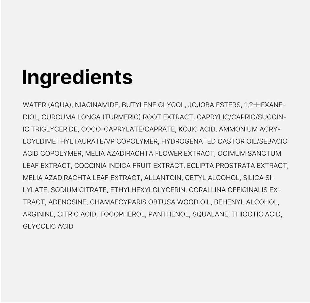 List of ingredients on a white background, Medicube Kojic Acid Turmeric Niacinamide Serum 30ml
