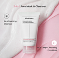 Biodance collagen mask and foaming cleanser with text on a pink and white background, Biodance Collagen Mask To Foam Cleanser 150ml