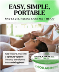 Advertisement for a collagen product with a woman receiving facial care and text about easy, simple, portable facial care, Lindsay Collagen Modeling Mask Cup Pack 28g
