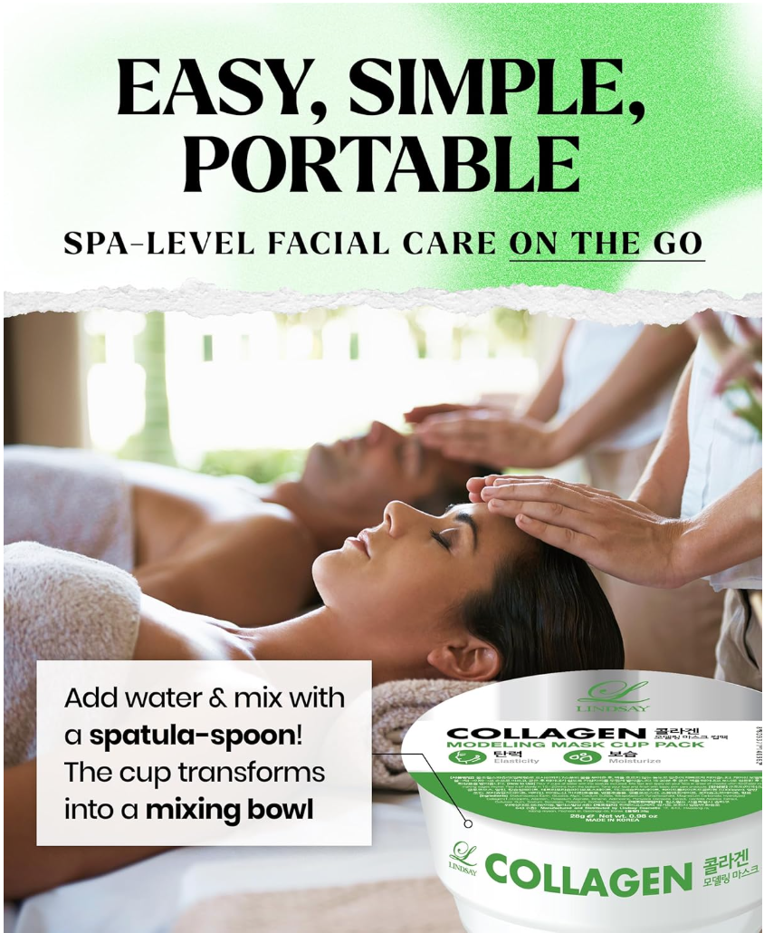 Advertisement for a collagen product with a woman receiving facial care and text about easy, simple, portable facial care, Lindsay Collagen Modeling Mask Cup Pack 28g
