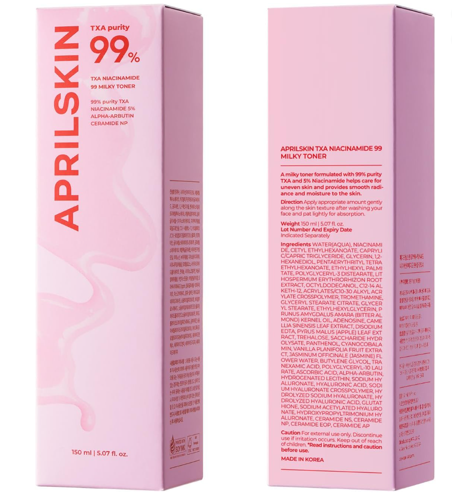 Pink skincare product packaging with detailed text on a white background, April Skin TXA Niacinamide 99 Milky Toner 150ml