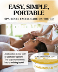 Spa-level facial care product with a woman receiving a facial and text about its ease, simplicity, and portability, Lindsay Calendula Modeling Mask Cup Pack 28g