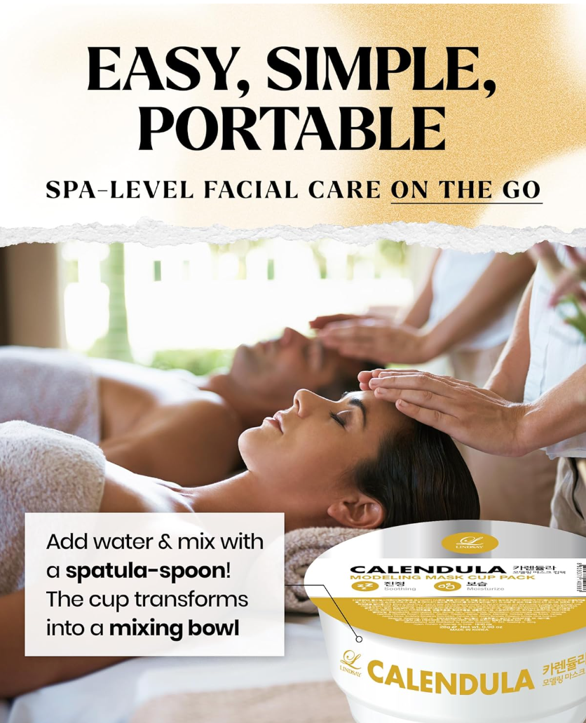Spa-level facial care product with a woman receiving a facial and text about its ease, simplicity, and portability, Lindsay Calendula Modeling Mask Cup Pack 28g