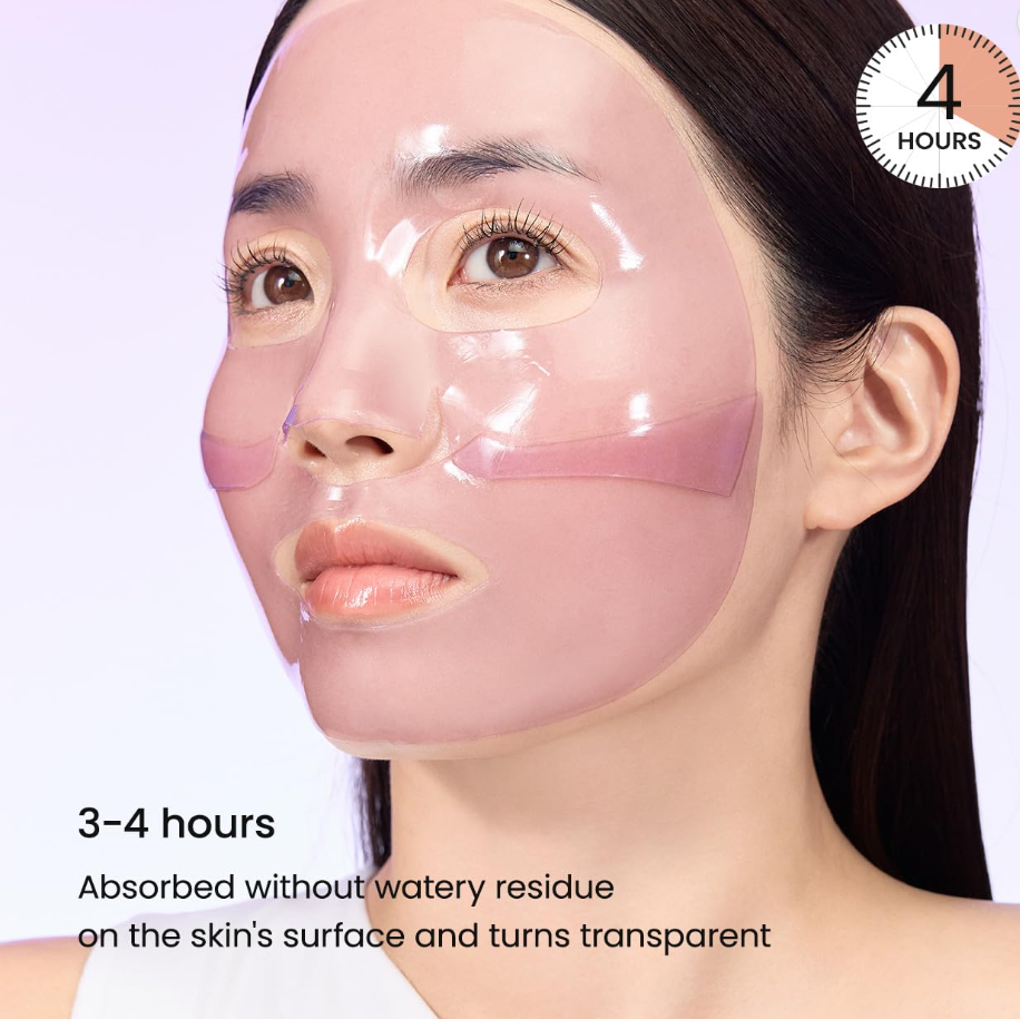 Woman with transparent patches on her face, showing text about absorption time and residue, Biodance Rejuvenating Caviar PDRN Real Deep Mask 4 sheets