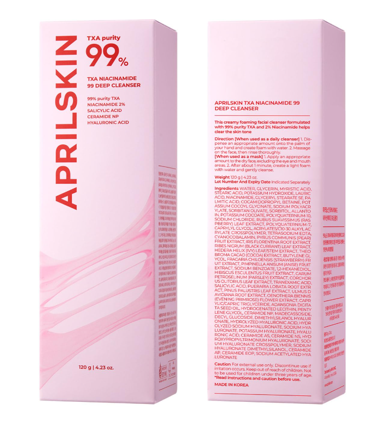 APRILSKIN TxA Niacinamide 99% Deep Cleanser packaging on a white background, April Skin TXA Niacinamide 99 Deep Cleanser 120g