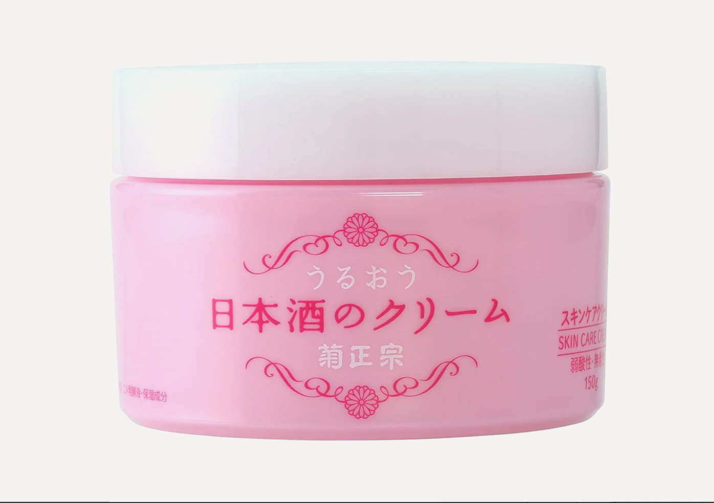 Pink jar of cream with Japanese text on a white background, Kikumasamune Skin Cream 150g