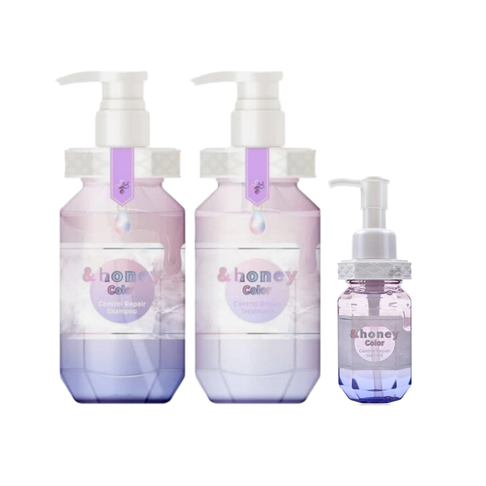 Three bottles of &honey Color on a white background, &honey Color Control Repair Shampoo Treatment and Oil Set 445g*2+ 100ml oil