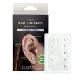 Ear therapy adhesive patch kit by Returnity, featuring a black product box with an ear illustration and a clear pouch containing multiple round crystal ear patches.
