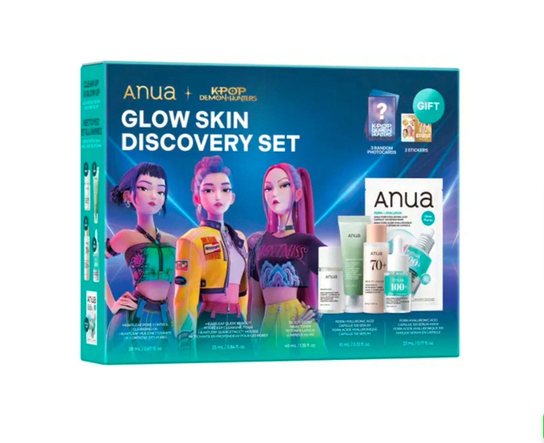Anua Glow Skin Discovery Set packaging with three animated characters and skincare products.