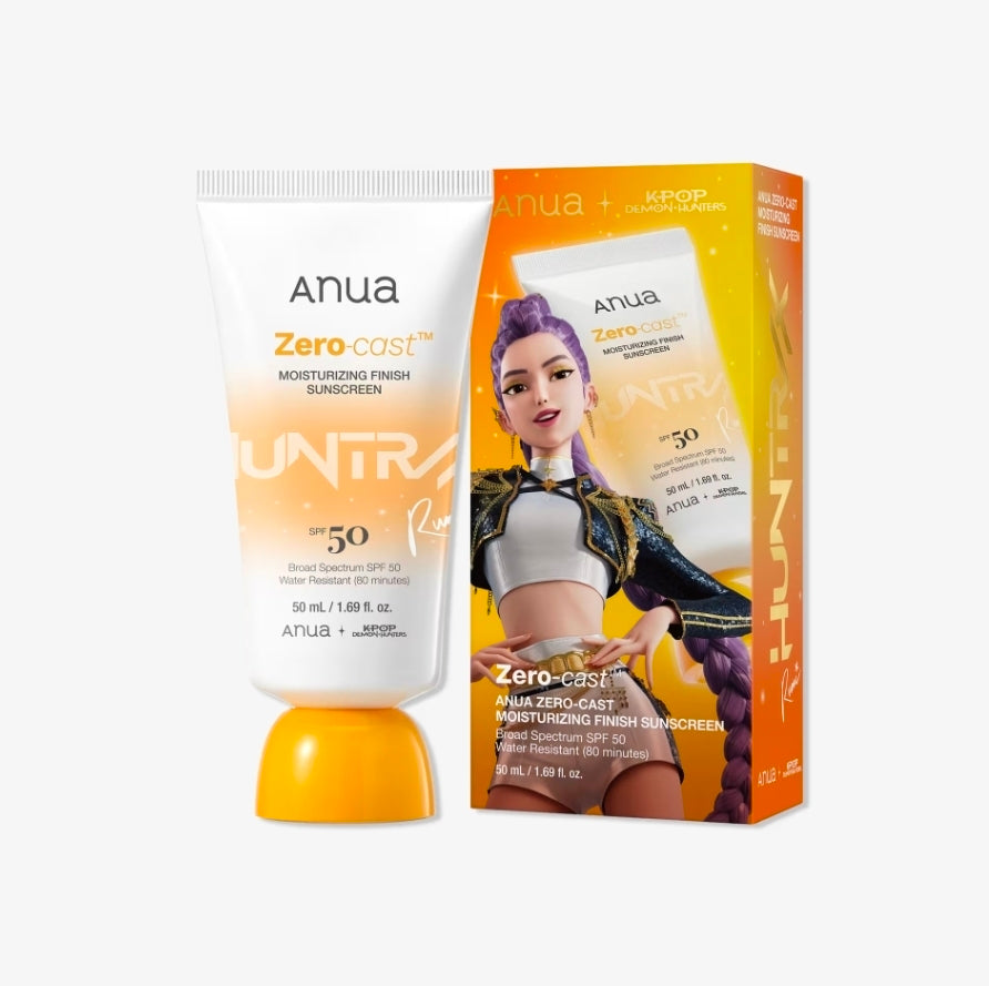 Anua Zero Cast sunscreen tube and packaging on a white background， KPop Demon Hunters Zero-Cast Moisturizing Finish Sunscreen 50ml